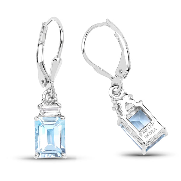 3.55 Carat Genuine Blue Topaz and White Topaz .925 Sterling Silver Earrings