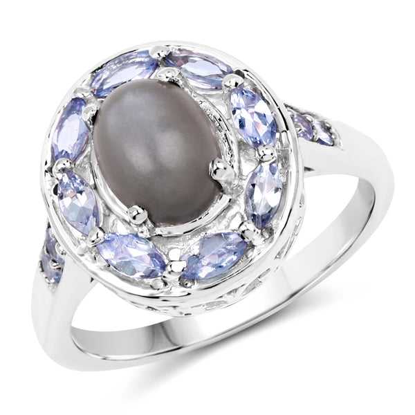 2.35 Carat Genuine Grey Moonstone and Tanzanite .925 Sterling Silver Ring