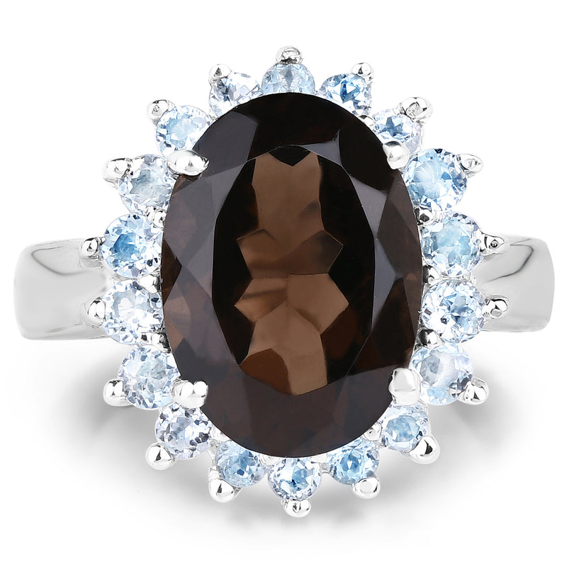 6.79 Carat Genuine Smoky Quartz & Blue Topaz .925 Sterling Silver Ring