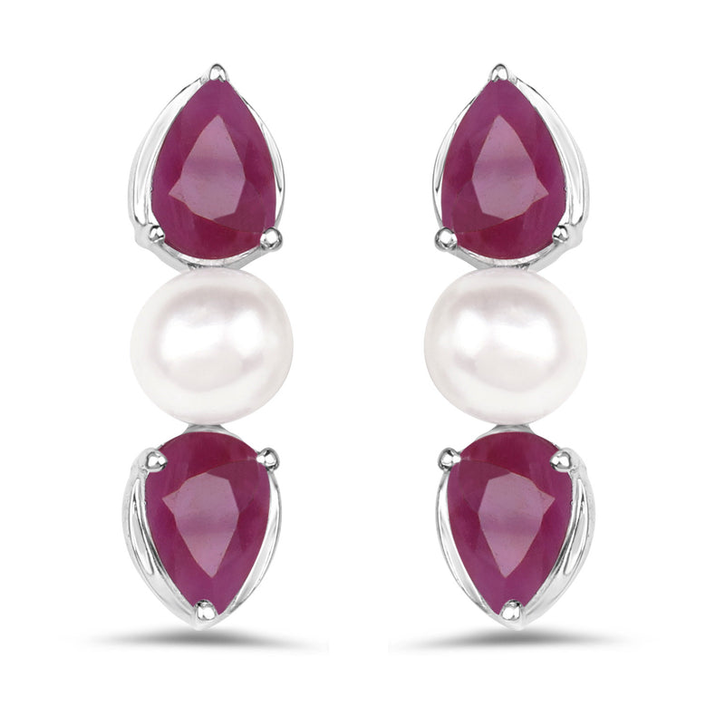 5.80 Carat Genuine Ruby and Pearl .925 Sterling Silver 3 Piece Jewelry Set (Ring, Earrings, and Pendant w/ Chain)