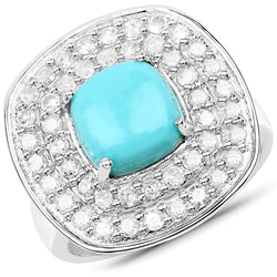 2.80 Carat Genuine Turquoise and White Diamond .925 Sterling Silver Ring