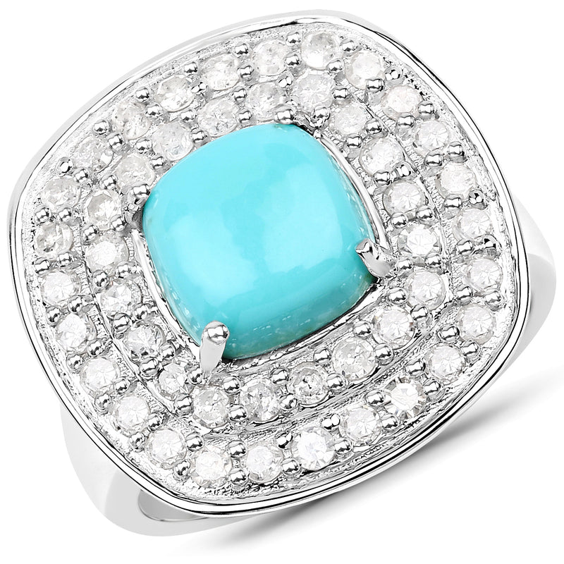 2.80 Carat Genuine Turquoise and White Diamond .925 Sterling Silver Ring