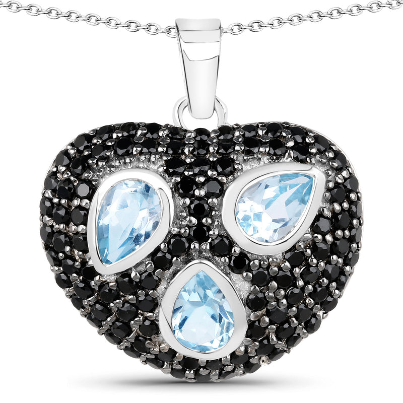 3.52 Carat Genuine Blue Topaz and Black Spinel .925 Sterling Silver Pendant