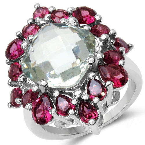 8.61 Carat Genuine Green Amethyst & Rhodolite .925 Sterling Silver Ring