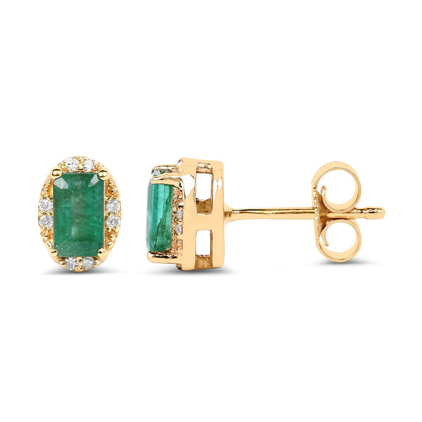 0.61 Carat Genuine Zambian Emerald and White Diamond 14K Yellow Gold Earrings