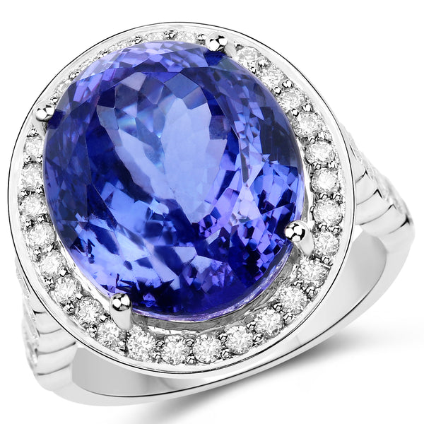 18.50 Carat Genuine Tanzanite and White Diamond 18K White Gold Ring