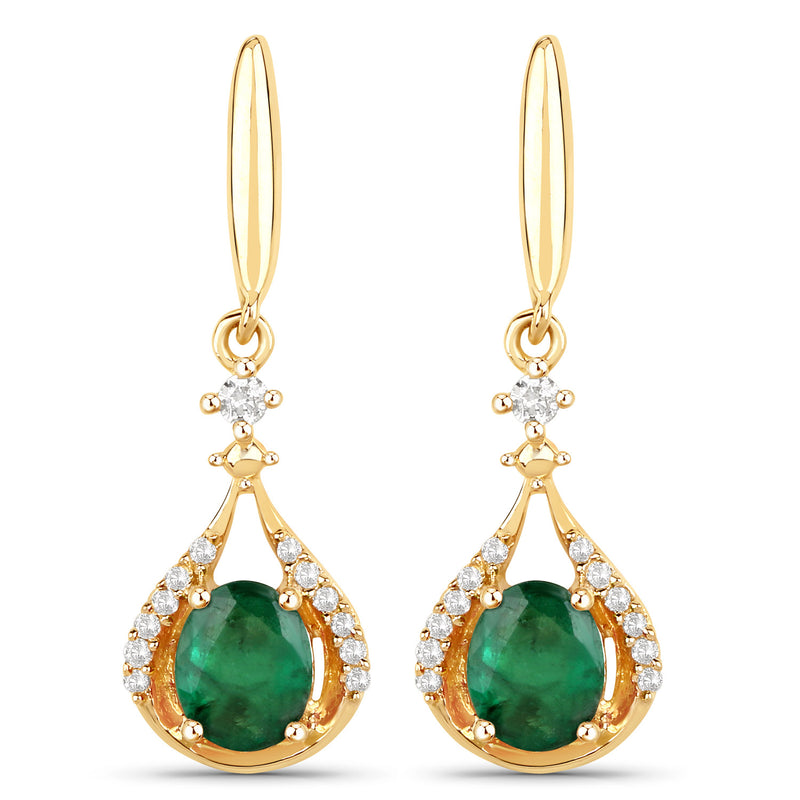 0.70 Carat Genuine Zambian Emerald and White Diamond 14K Yellow Gold Earrings