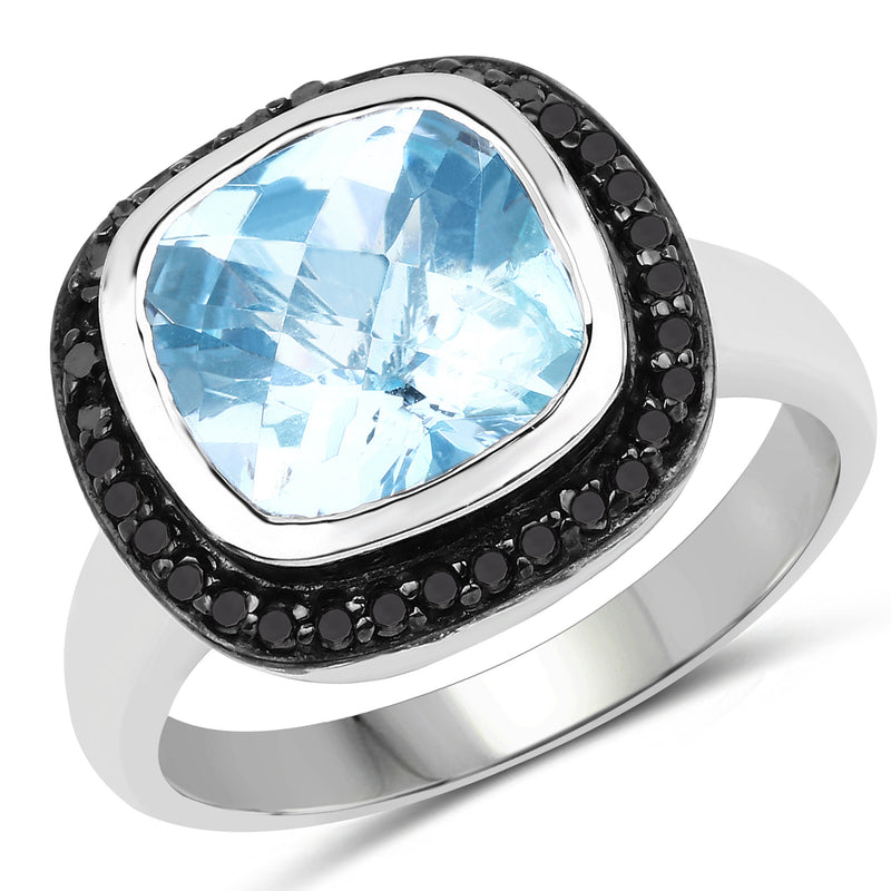 5.23 Carat Genuine Baby Swiss Blue Topaz and Black Diamond .925 Sterling Silver Ring