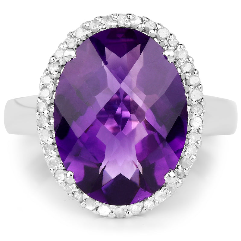 7.94 Carat Genuine Amethyst and White Diamond .925 Sterling Silver Ring