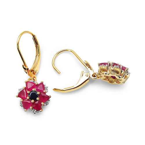 14K Yellow Gold Plated 2.12 Carat Genuine Black Sapphire, Glass Filled Ruby & White Topaz .925 Sterling Silver Earrings