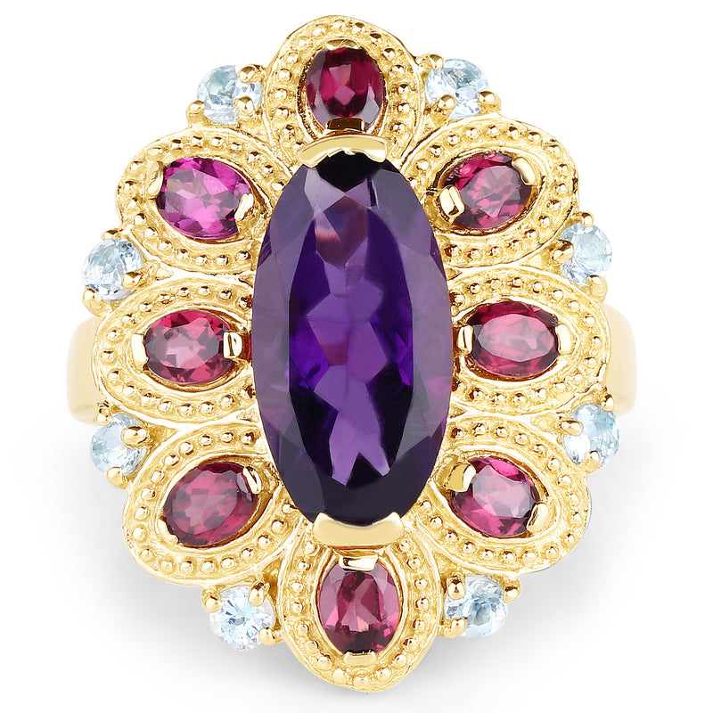 14K Yellow Gold Plated 6.80 Carat Genuine Amethyst, Rhodolite & Blue Topaz .925 Sterling Silver Ring