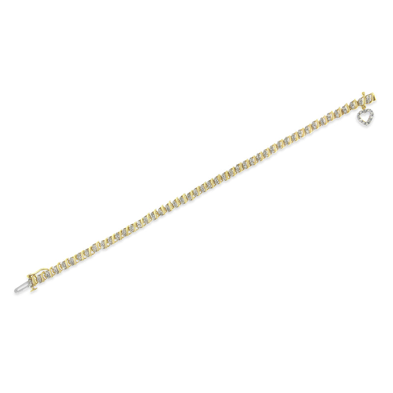 10K Yellow Gold over .925 Sterling Silver 2.0 Cttw Diamond Heart Charm 7" Link Bracelet (I-J Color, I3 Clarity)