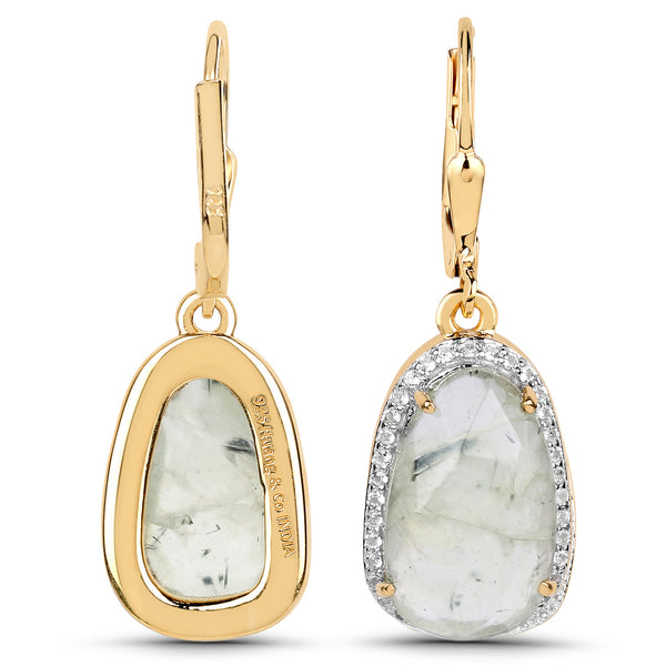 18K Yellow Gold Plated 9.27 Carat Genuine Prehnite and White Topaz .925 Sterling Silver Earrings