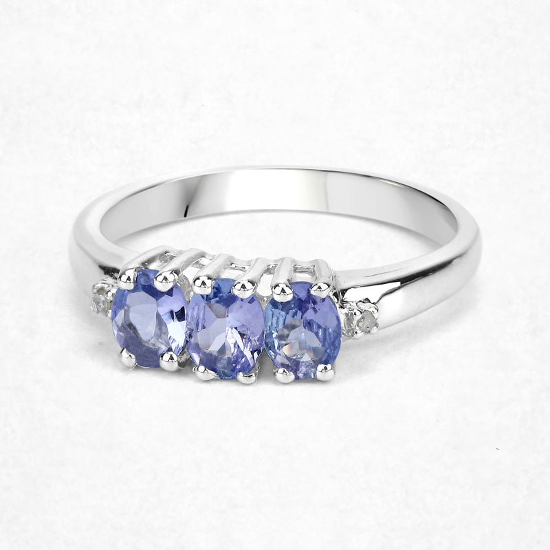 1.00 Carat Genuine Tanzanite and White Diamond .925 Sterling Silver Ring