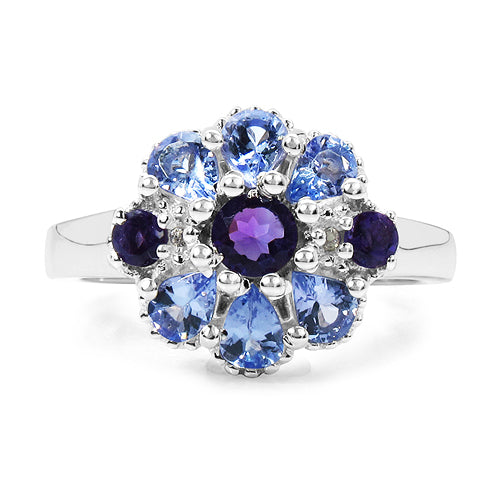 1.25 Carat Genuine Tanzanite, Amethyst & White Topaz .925 Sterling Silver Ring