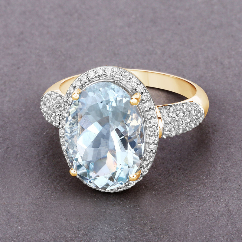 5.42 Carat Genuine Aquamarine and White Diamond 14K Yellow Gold Ring