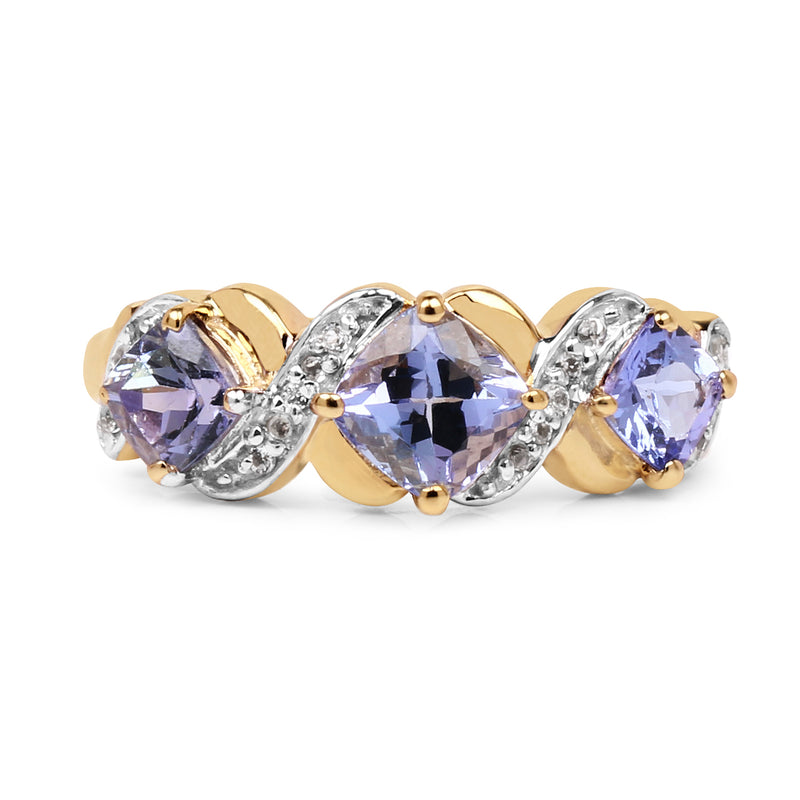 14K Yellow Gold Plated 1.20 Carat Genuine Tanzanite and White Topaz .925 Sterling Silver Ring