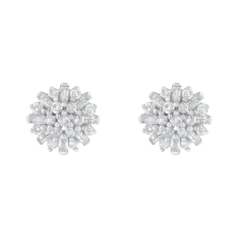 .925 Sterling Silver 1/2 Round and Baguette Diamond Sunburst Floral Cluster Stud Earrings (I-J Color, I3 Clarity)