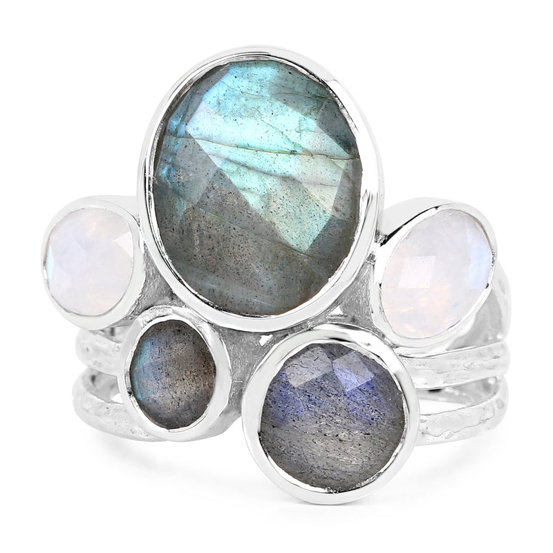 8.59 Carat Genuine Labradorite And White Rainbow Moonstone .925 Sterling Silver Ring