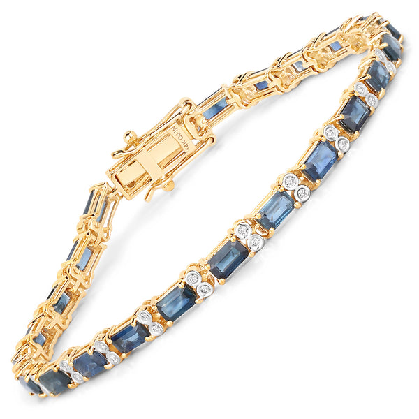 9.57 Carat Genuine Blue Sapphire and White Diamond 14K Yellow Gold Bracelet