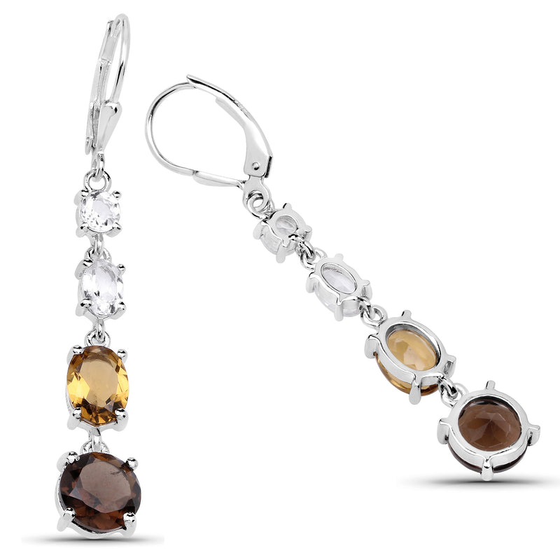 6.28 Carat Genuine Crystal Quartz, Champagne Quartz and Smoky Quartz .925 Sterling Silver Earrings