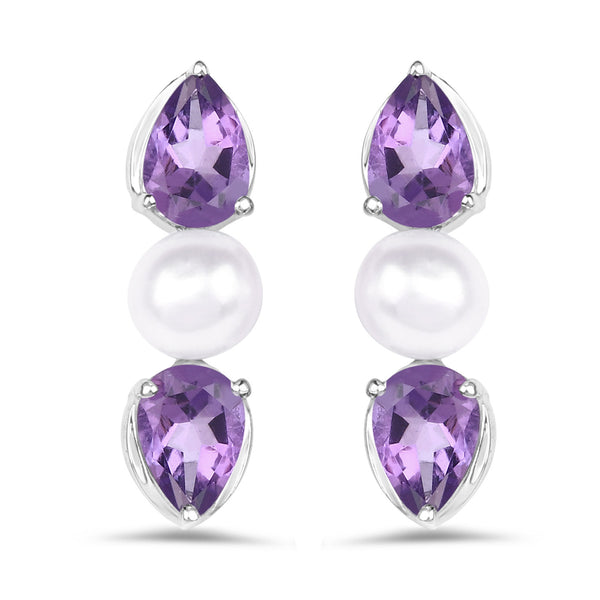 2.78 Carat Genuine Amethyst and Pearl .925 Sterling Silver Earrings