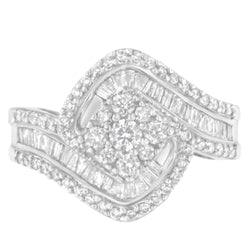 14K White Gold 1.0 Cttw Baguette & Brilliant-Cut Diamond Round Floral Cluster Engagement or Fashion Ring with Swirl Wrapped Triple Row Band (H-I Color, SI2-I1 Clarity) - Size 7