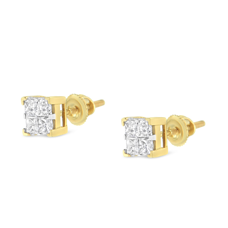 10K Yellow Gold 3/4 Cttw Invisible Set Princess-Cut Diamond Composite Square Stud Earrings (I-J Color, I2-I3 Clarity)