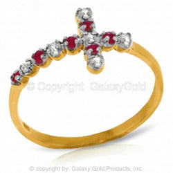 Radiant Devotion: 0.24 Carat 14K Solid Yellow Gold Cross Ring with Diamond Ruby