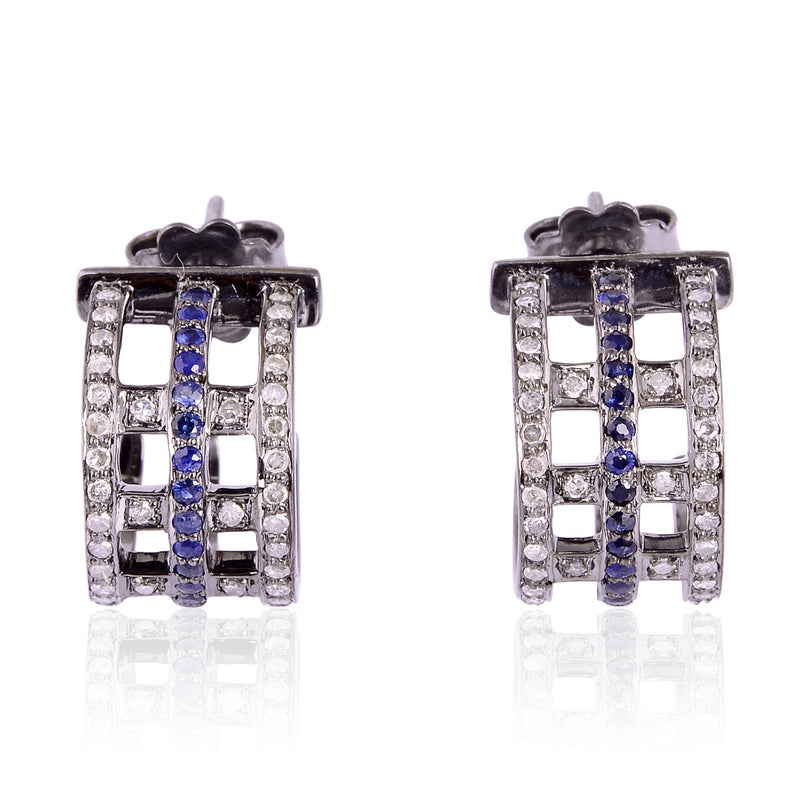 Blue Sapphire Pave Diamond 925 Sterling Silver Half Hoop Earrings Jewelry