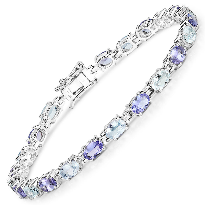 9.24 Carat Genuine Aquamarine and Tanzanite .925 Sterling Silver Bracelet