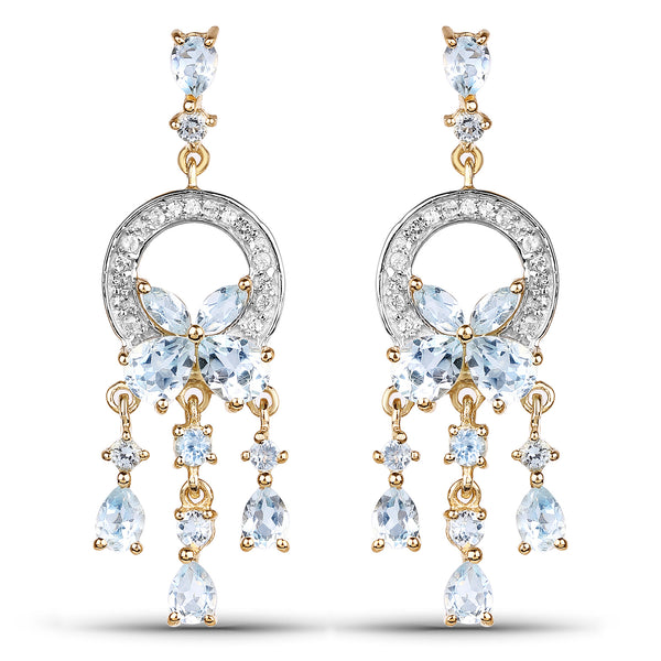 14K Yellow Gold Plated 3.89 Carat Genuine Blue Topaz & White Topaz .925 Sterling Silver Earrings