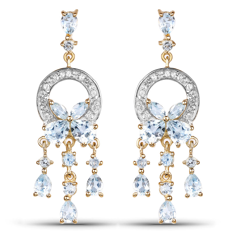 14K Yellow Gold Plated 3.89 Carat Genuine Blue Topaz & White Topaz .925 Sterling Silver Earrings