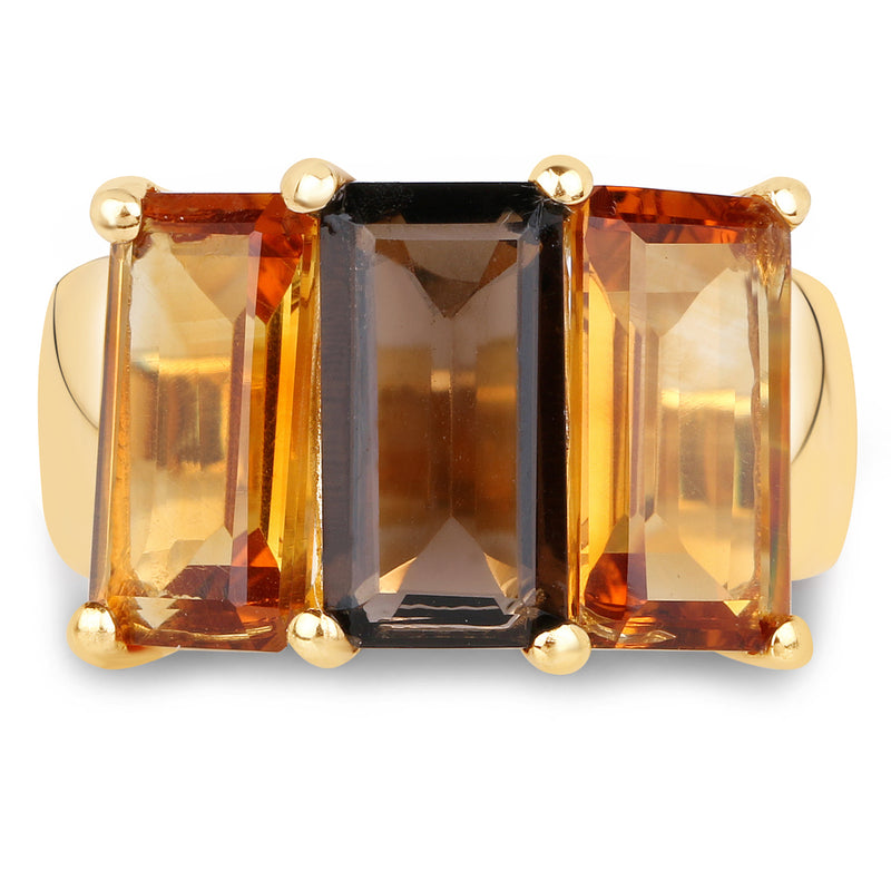 14K Yellow Gold Plated 8.14 Carat Genuine Smoky Quartz, Citrine and Champagne Quartz .925 Sterling Silver Ring