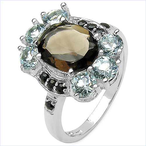 4.88 Carat Genuine Smoky Quartz , Blue Topaz & Black Sapphire .925 Sterling Silver Ring