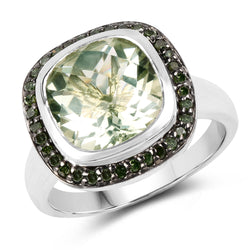 5.19 Carat Genuine Green Amethyst and Green Diamond .925 Sterling Silver Ring