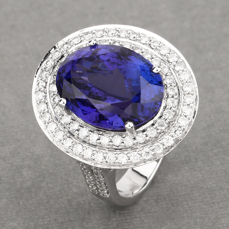 13.78 Carat Genuine Tanzanite and White Diamond 18K White Gold Ring