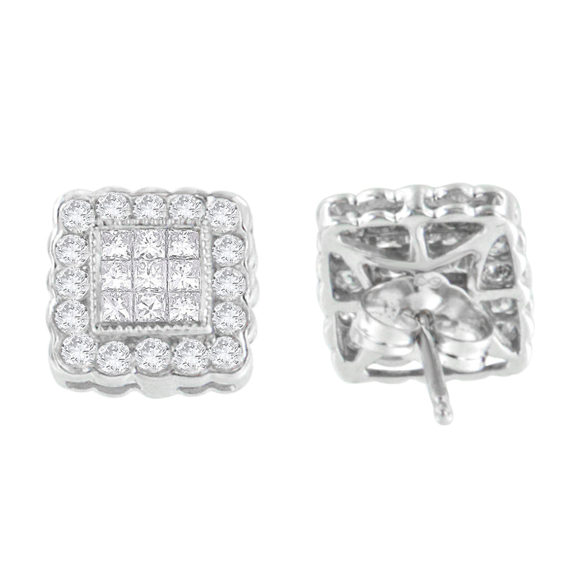 14K White Gold 1.0 Cttw Round Brilliant & Princess Cut Diamond Scallop-Edge Framed Square Halo Stud Earrings (G-H Color, SI1-SI2 Clarity)