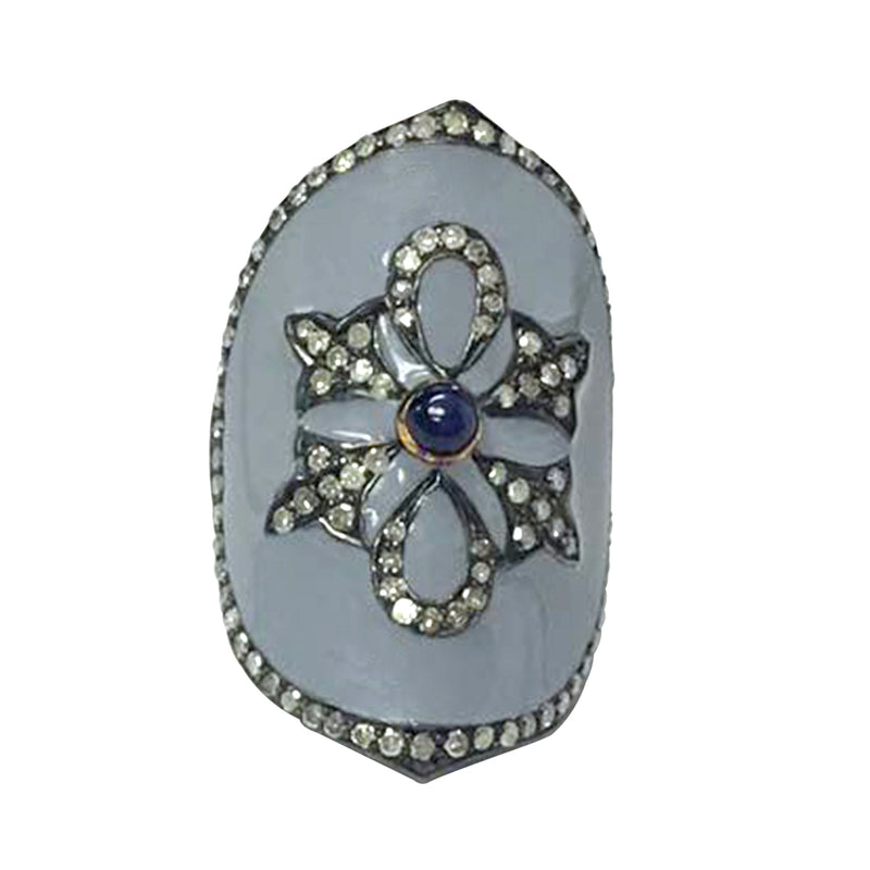 1.65 ct Pave Diamond Blue Sapphire 18kt Gold Sterling Silver Ring Enamel Jewelry