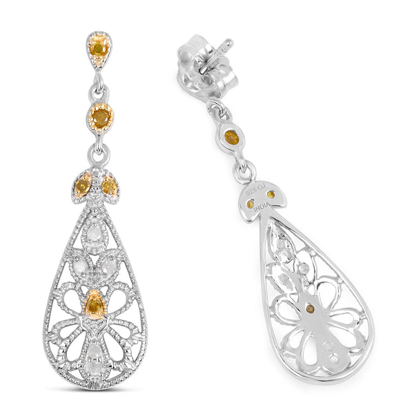 0.33 Carat Genuine White Diamond and Yellow Diamond .925 Sterling Silver Earrings