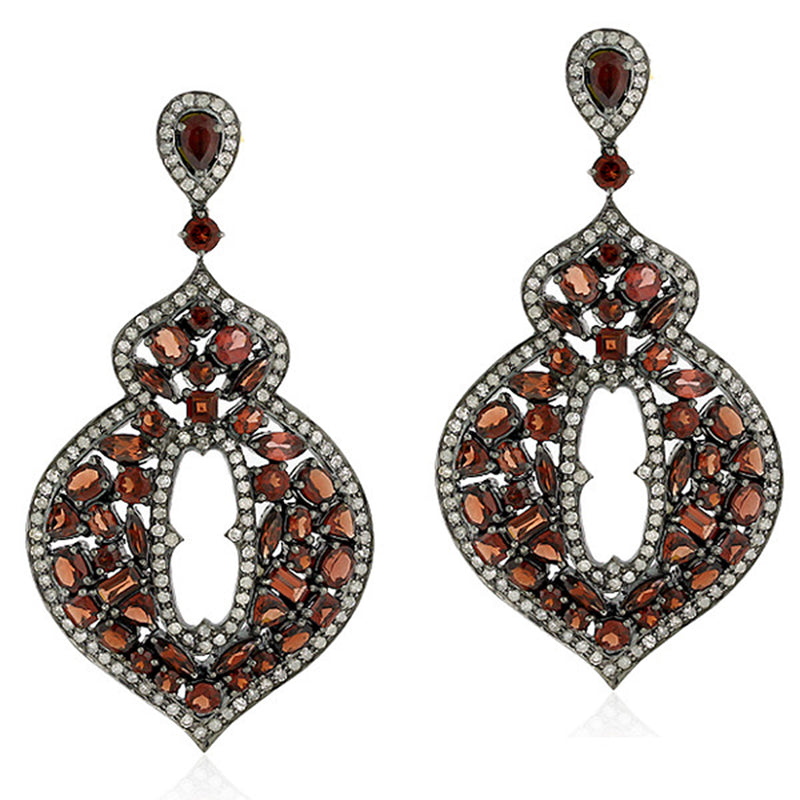 Garnet Pave Diamond Gold Sterling Silver Designer Dangle Earrings Jewelry