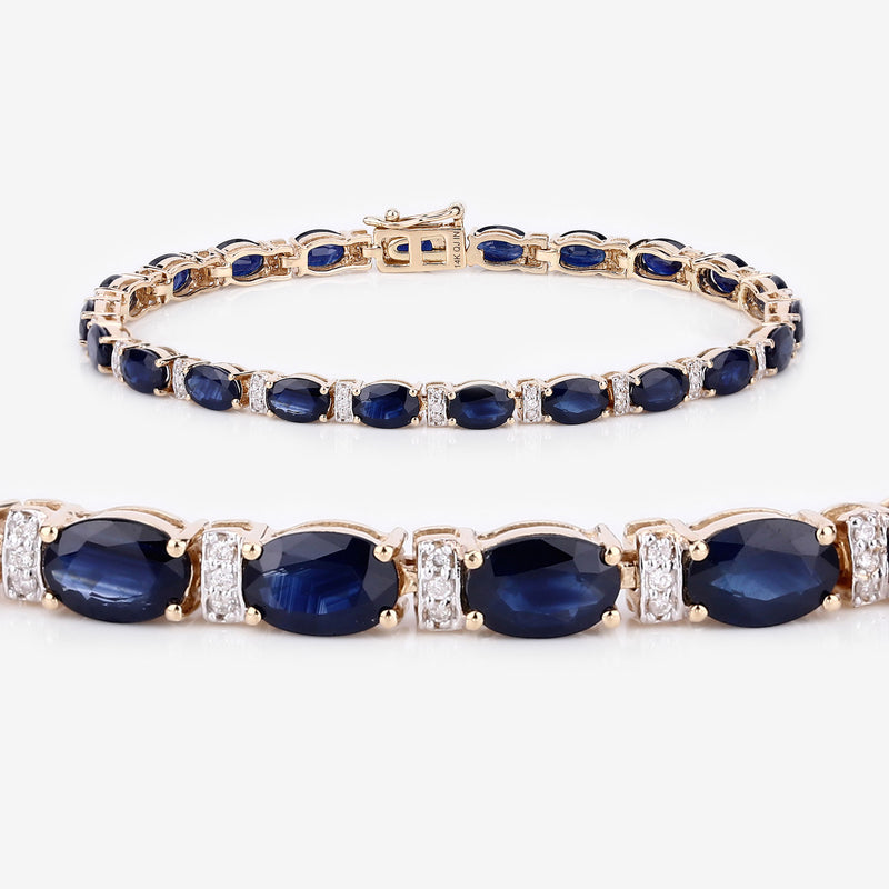 10.79 Carat Genuine Blue Sapphire and White Diamond 14K Yellow Gold Bracelet