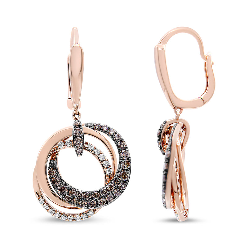 14K Rose Gold 1.00 Cttw White and Brown Diamond Intertwining Hoops and Circle Dangle Earrings (H-I/Brown Color, SI1-SI2 Clarity)