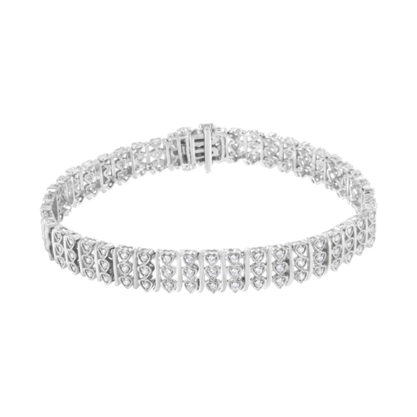 .925 Sterling Silver 1 1/2 cttw Round Diamond 3 Row Heart Link Bracelet (I-J Color,I3 Clarity) - 7.25 "