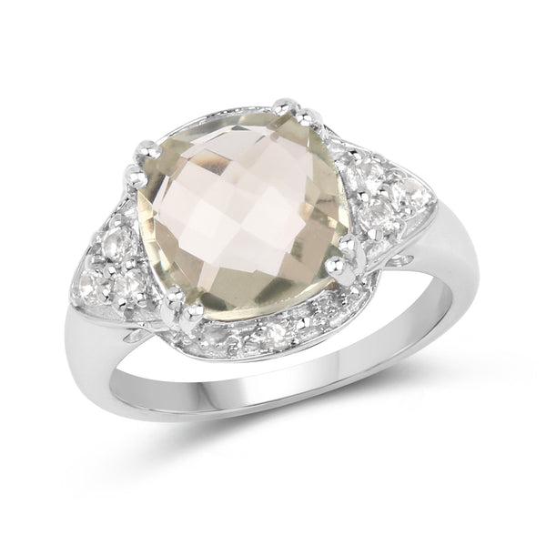 3.58 Carat Genuine Green Amethyst and White Topaz .925 Sterling Silver Ring