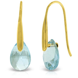 14K Solid Yellow Gold Fish Hook Earrings w/ Dangling Briolette Blue Topaz