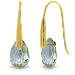 14K Solid Yellow Gold Fish Hook Earrings w/ Dangling Briolette Green Amethysts