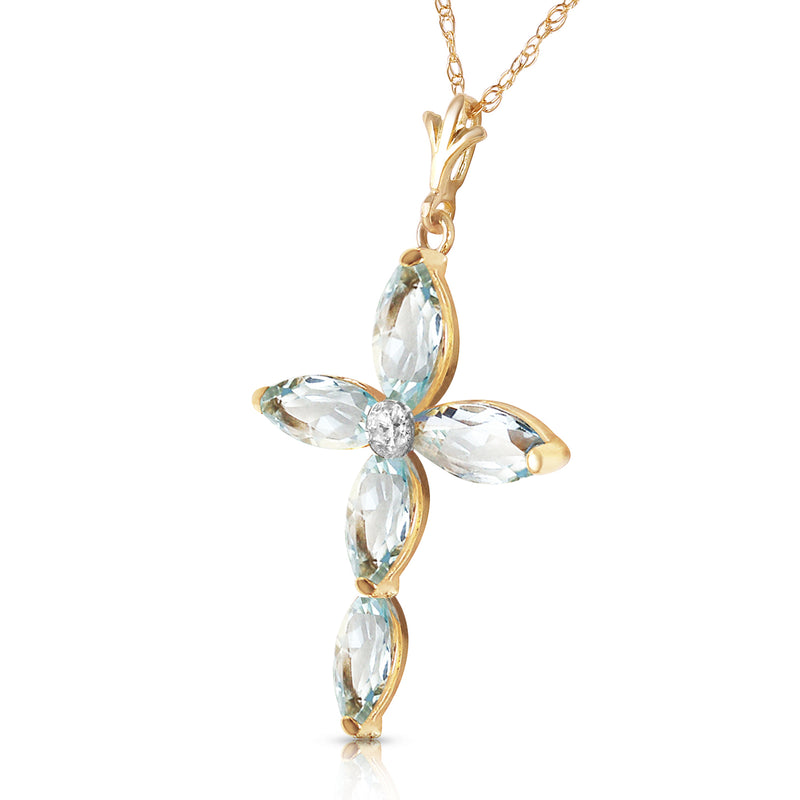 14K Solid Yellow Gold Necklace w/ Natural Diamond & Aquamarines