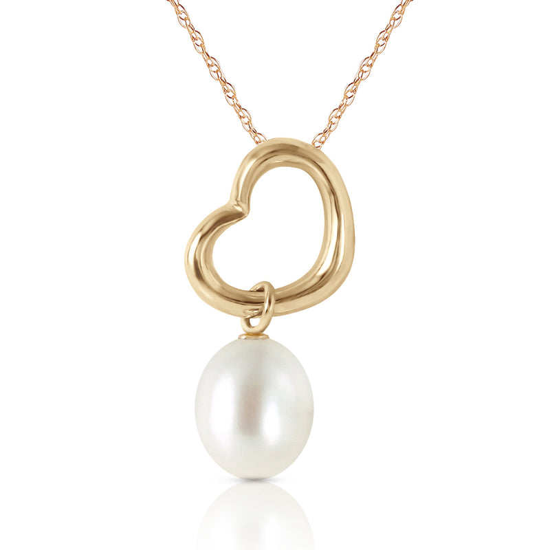 14K Solid Yellow Gold Heart Necklace w/ Dangling Natural Pearl