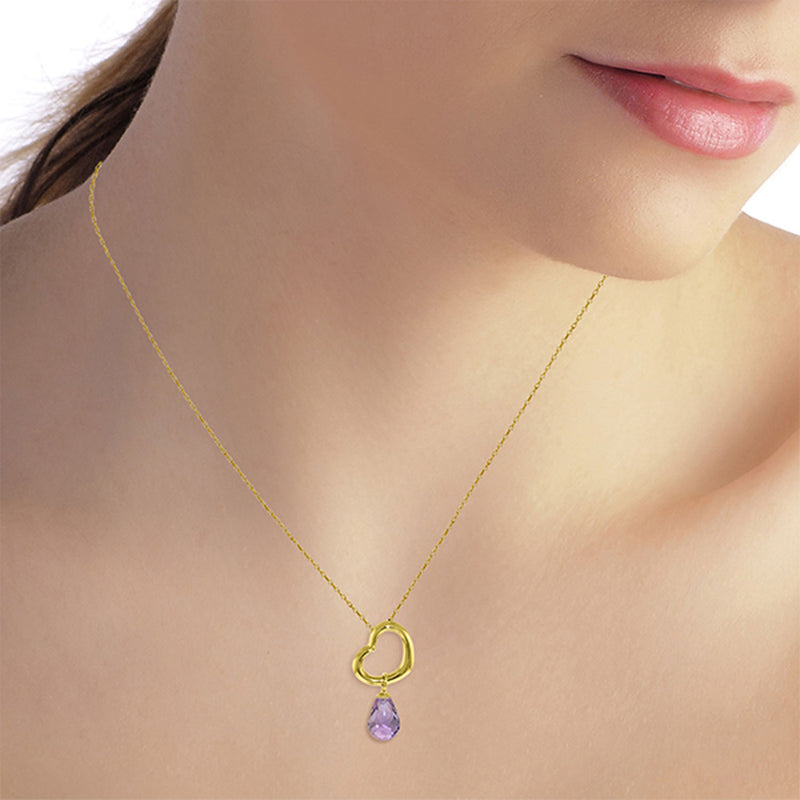 14K Solid Yellow Gold Heart Necklace w/ Dangling Natural Amethyst